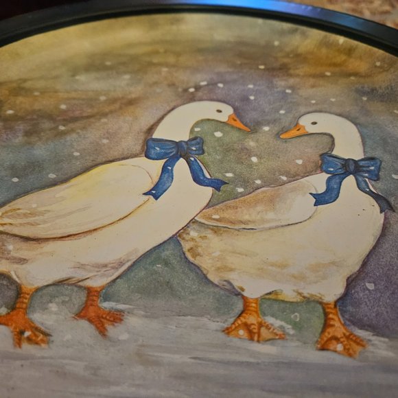 vintage 80s metal round tray 2 geese ducks w/blue bows - Picture 4 of 6